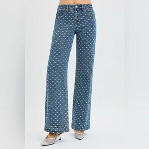 RISEN High Rise Wide Leg Bow Embroidered Jeans